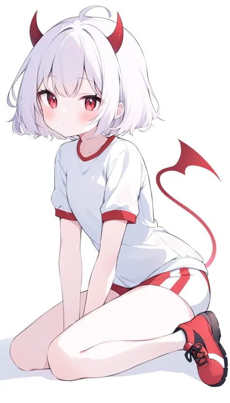 Teenage girl, devil girl, little red horns, white hair, short fluffy hair, big red eyes, pale skin, rosy cheeks, red cheeks, white sports shirt with a red side stripe from left to right. white background, full body