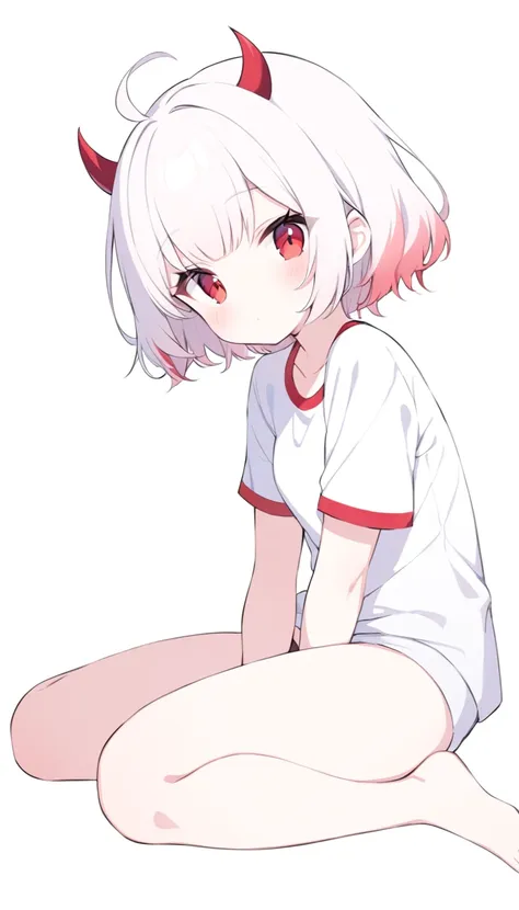 teenage girl, devil girl, little red horns, white hair, short fluffy hair, big red eyes, pale skin, rosy cheeks, red cheeks, whi...