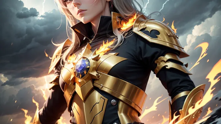 (um close-up,high qualiy,32k),[elsword],[knightgirl],[armors],[detail:1.2],(gold),(steel),(Spitz),(Ablaze),(ornated),(intricate),[helmet],(luvas de cgold),[focused],[determined],[heroic],[stern expression],(Mediovale),(fancy),(command pose),[elaborate back...