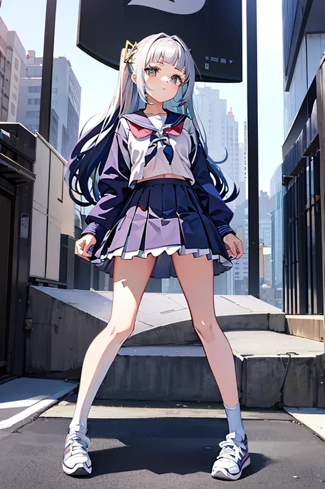 The girl puts a miniature high-rise model toy under her skirt，short  skirt，a sailor suit，whitestocking，athletic sneakers，Be red in the face