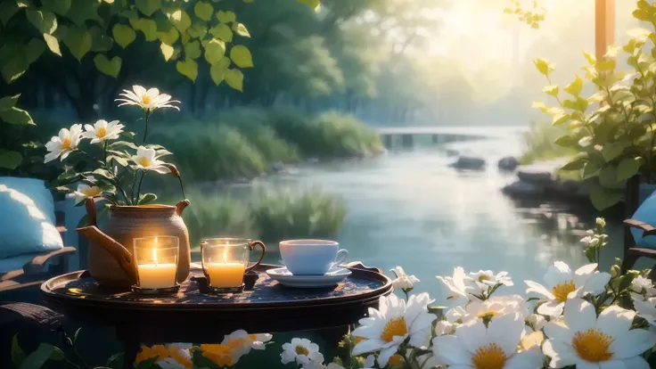 A tray decorated with flowers is topped with a number of cups and saucers, Relaxed atmosphere, Peaceful atmosphere, radiant morning light, Relaxing environment, summer morning light, Beautiful atmosphere, relaxed mood, Beautiful atmosphere, Night atmospher...