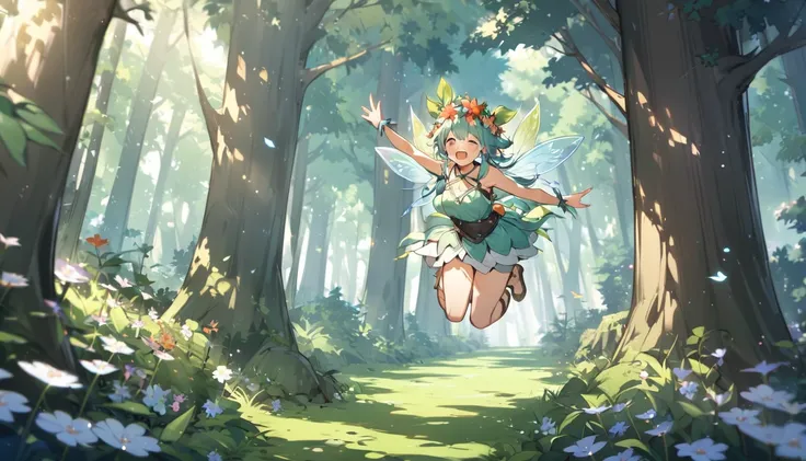 Fairy,forest,In nature,jump,Flower crown on head