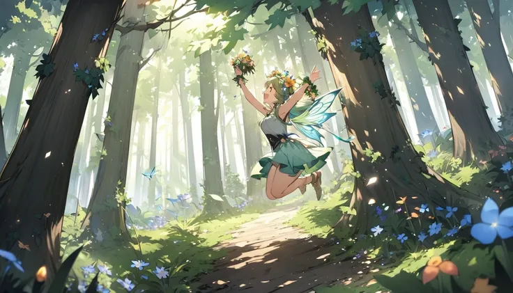 Fairy,forest,In nature,jump,Flower crown on head