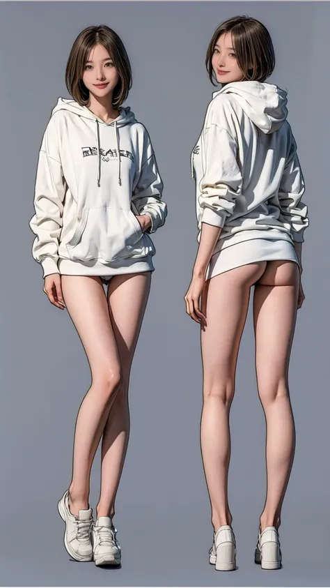 ((masterpiece)),(((Highest quality))),((Character design sheet)), Thin thighs,Long legs,18 year old Japanese girl, Cute type,The best smile:1.5，white long hoodie:1.5, Black panties in full view 1.5，Very short hair ,  (Highly detailed skin), The background ...