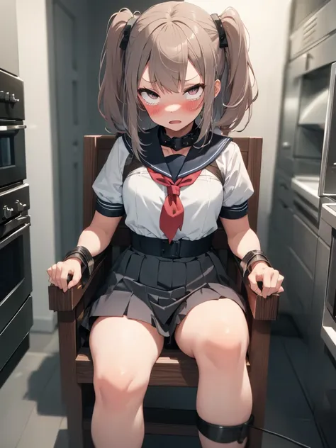 1 girl, ((inside tiny cube, strapped to chairs)), (sitting:1.5), (bondage chair:1.5), (inside oven:1.5), (((orgasm))), ((basemen...