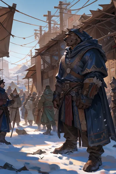 By Taran Fiddler, crowd of people, furry, multiple characters, medieval clothing, wearing light brown cloaks, varying clothing, standing up, people gathering in a crowd,snowy background, refugee camp, moutain background, silhouettes in background (slightly...