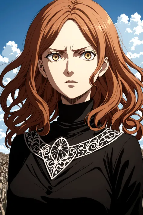 Attack on Titan anime style, woman with ginger wavy hair. She wears a black high-necked blouse