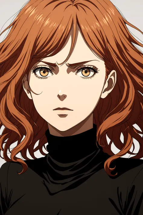 attack on titan anime style, woman with ginger wavy hair. she wears a black high-necked blouse