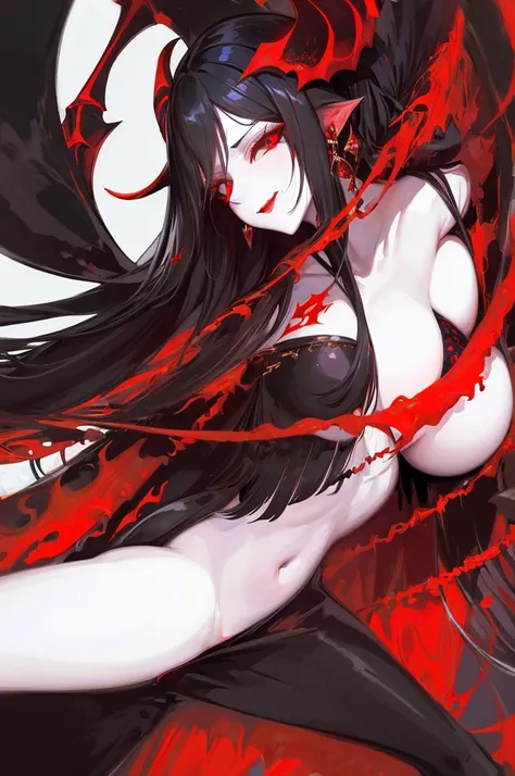 honey, (only), pale skin, long black hair, black horns up, red eyes, red eye shadow, red lipstick, big breasts, awas, Diabolical  smile, masterpiece, high high quality 