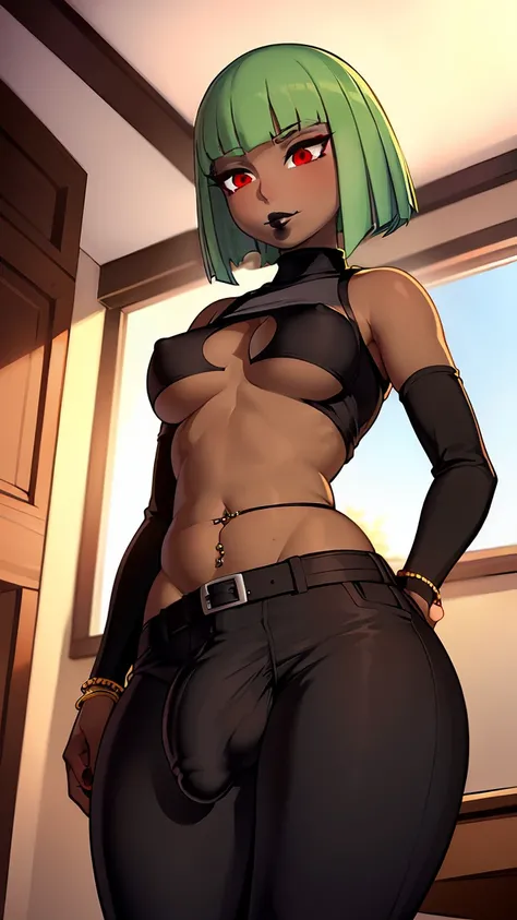 (solo:1.1),(masterpiece), (best quality:1.3), highly detailed, intricate, professional art, digital art, absurdres, confidant, emerald sustrai, futanari emerald sustrai wearing a green crop-top cleavage cutout detached sleeves and pants confidently posing ...