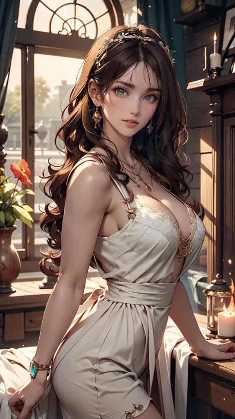 Luma is a gracious person, She is beautiful、Has a strong attitude, Her breasts are voluminous, Feminine pear-shaped silhouette, Auburn Hair, long Auburn Hair, She has expressive eyes, ( Eyes olive green) Her skin turns white、Light freckles on the cheekbone...