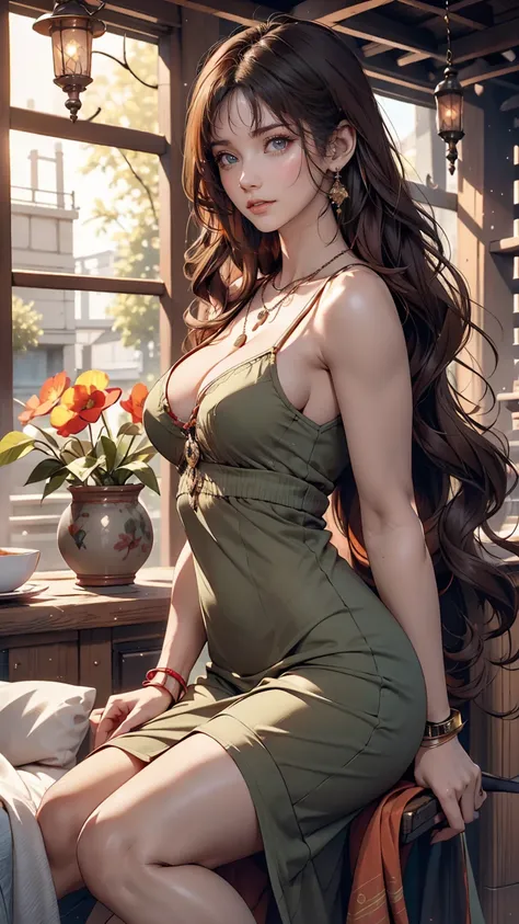 Luma is a gracious person, She is beautiful、Has a strong attitude, Her breasts are voluminous, Feminine pear-shaped silhouette, Auburn Hair, long Auburn Hair, She has expressive eyes, ( Eyes olive green) Her skin turns white、Light freckles on the cheekbone...