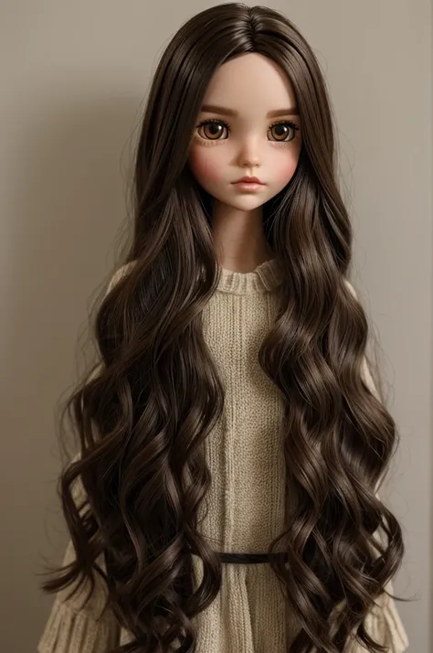 Make a blythe doll with slightly wavy hair and dark eyes, with a smaller face and black eyes and brown hair 