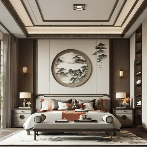 lao chen, interior, bedroom, new chinese, couch, table, indoors, carpet, wooden floor