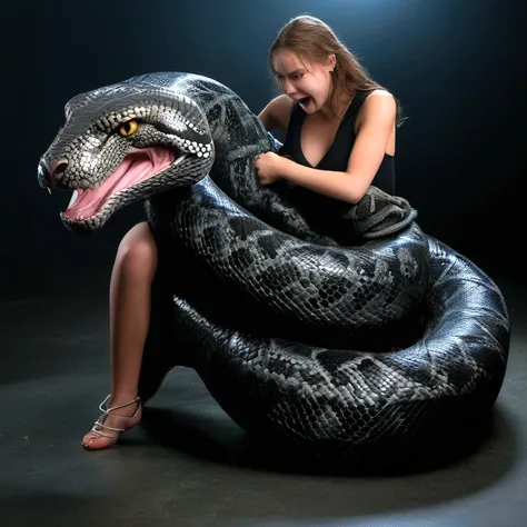 happy horny, aroused 1girl), beautiful kneeling young teen girl  with  giant colossal black titanboa  squeezing her hard, wrappe...