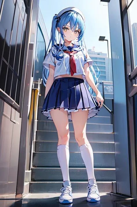 The girl puts a miniature high-rise model toy under her skirt，short  skirt，a sailor suit，whitestocking，athletic sneakers，Be red in the face