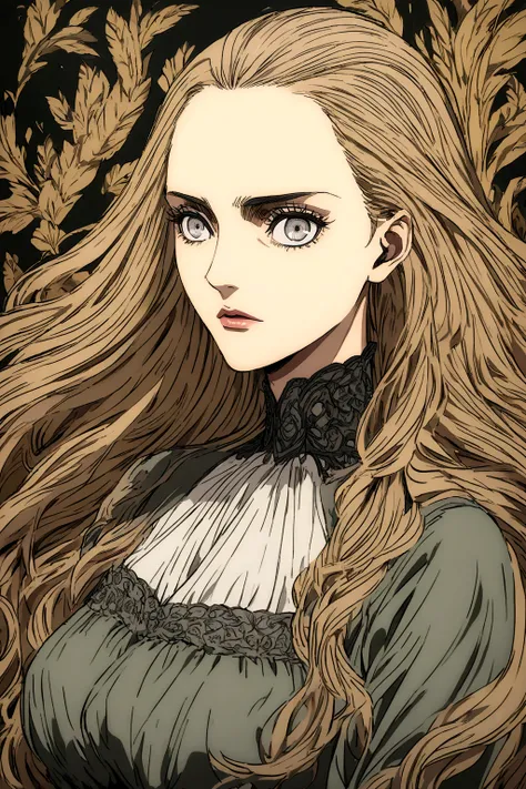 attack on titan anime style, woman with ginger wavy long hair, grey eyes. she wears a black high-necked blouse