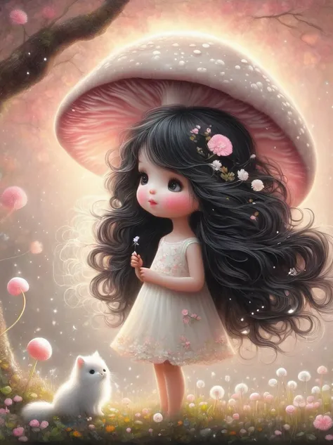 Cute cartoon girl, whole body, Mushroom floating, Pink and white color scheme, Sharpie illustration, Thick lines, Grunge rock style beauty, Blending Mode，Floral Print，vine，Glowing silver light，Innocence，storybook-like，A gentle depiction of nature，Wear，so b...