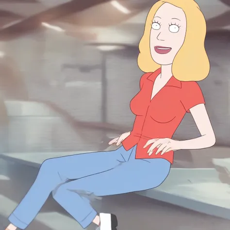 score_9, score_8_up, score_7_up, source_cartoon, rating_safe, BREAK Beth Smith, blonde hair, red shirt, blue pants, black pupils, smile,