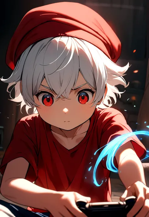 6 year old boy, white hair, red cap backwards, red eyes, blue tank top, red t-shirt inside. Play game