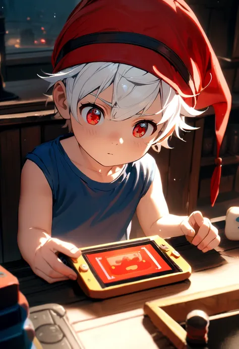 6 year old boy, white hair, red cap backwards, red eyes, blue tank top, red t-shirt inside. Play game