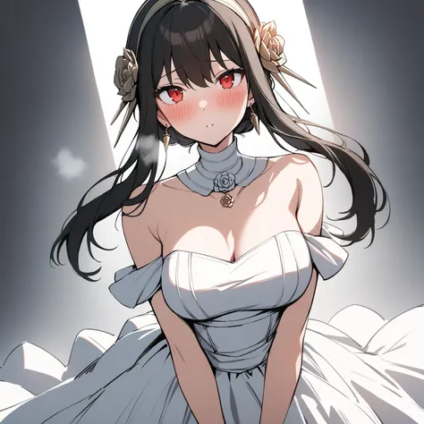 1 girl, yorbriar, yor briar,alone, viewer, pure white background, blush, red eyes, breathing, avatar, half body, comic style colorless, angle, masterpiece, best quality, wedding dress