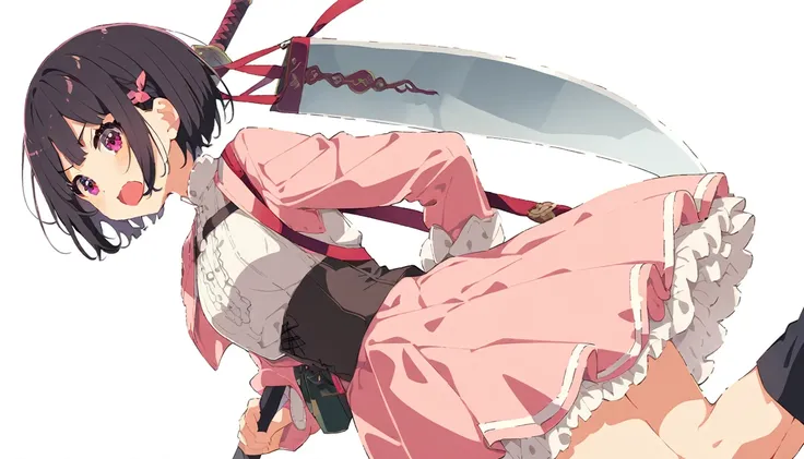 Black short bob、Bangs、Pink knee-length flared skirt、White blouse、Pink Bolero、Carrying a large sword on his back