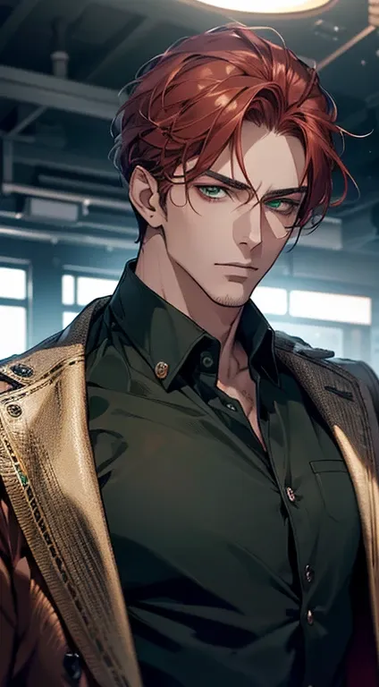 (best quality,8k,masterpiece,photorealistic,cinematic lighting,hdr image,ultra detailed,beautiful image),(mature man),(very handsome),(serious),(short red hair),(green eyes),(perfect face without errors),((buttoning the jacket, CEO))