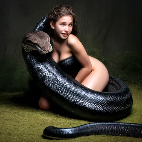  Topless Happy Horny, aroused 1girl), beautiful kneeling young teen girl  with  giant colossal black titanboa  squeezing her hard, wrapped in thick spiraling coils, constricted, struggle, gasping for air, snake attack, snake peril, moonless night, dim ligh...