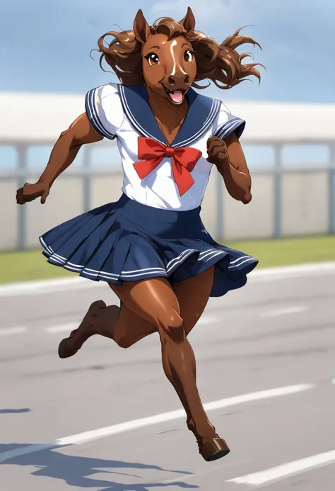 A thoroughbred in a sailor suit, Running happily