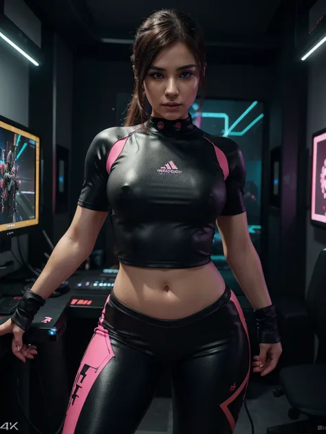 a woman gamer, full body shot, beautiful detailed eyes, beautiful detailed lips, extremely detailed face, long eyelashes, determined expression, tight fitting gaming outfit, colorful gaming setup, neon lighting, dark moody atmosphere, (best quality,4k,8k,h...