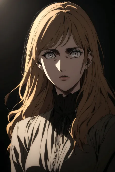 attack on titan anime style, woman with ginger wavy long hair, grey eyes. she wears a black high-necked blouse