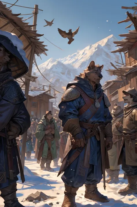 By Taran Fiddler, crowd of people, furry, multiple characters, medieval clothing, wearing light brown cloaks, varying clothing, standing up, people gathering in a crowd,snowy background, refugee camp, moutain background, silhouettes in background (slightly...