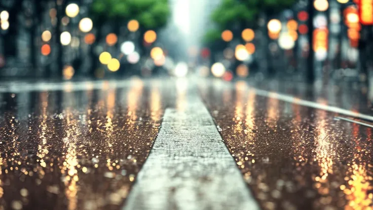 tokyo sidewalk at afternoon after rain with wet streets, bokeh, focus on ground, make it like garden of words style, warm tone, no human, no people on it, (((very low angle))), (((detailed background)))