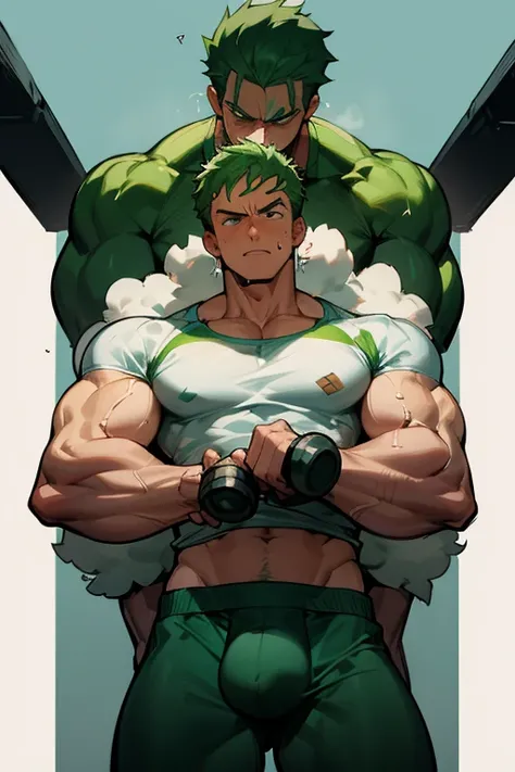 Roronoa Zoro from One Piece hypnotized to lift dumbbells in a gym. Hypnosis. Sweaty. Dumb jock. Musclehead. Meathead. Bro. Brainwashing. Brainwashed. Brain to brawn. Hyper biceps. Hyper triceps. Hyper traps. Hyper pecs. broad shoulders. Hyper muscles. Huge...