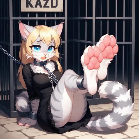 Solo,  score_9,score_8_up,score_7_up, source_furry, Kat, Anthro furry feline girl, tall body, hourglass figure, adult female, blue eyes, silver fur, blonde hair with pony tail, (striped tail), white whiskers, pink nose, wearing , Expensive gorgeous gold la...