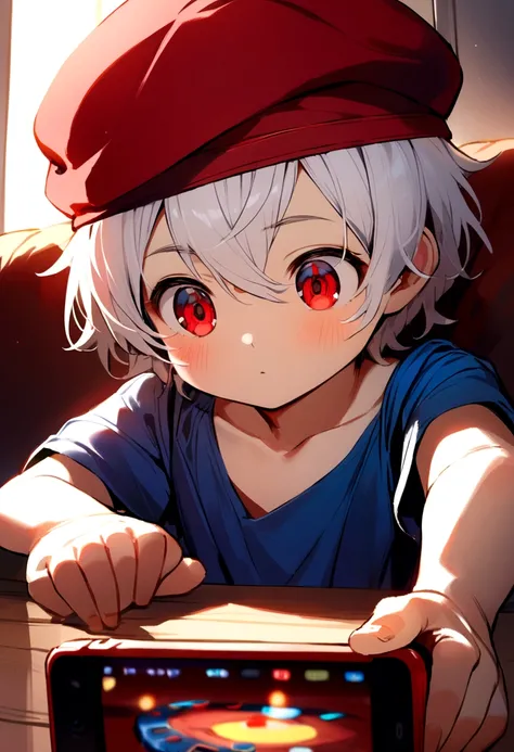 6 year old boy, white hair, red cap backwards, red eyes, blue tank top, red t-shirt inside. Play game