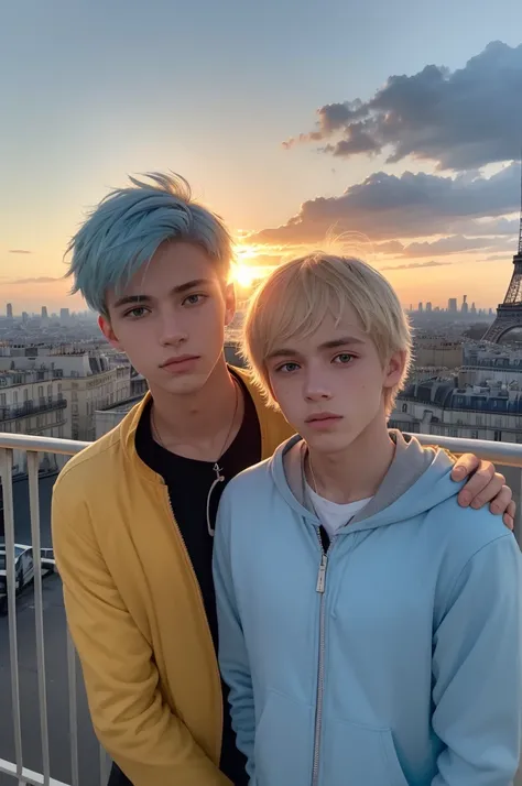 Two male book characters, a 17-year-old French youth and a 19-year-old Spanish youth from Barcelona, with light blue hair and sun-bleached blonde hair, respectively, in Paris, France. A photograph that is ultra-realistic and UHD of a selfie taken at sunset...