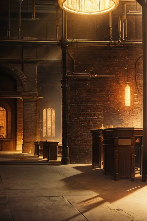 There is a large room with plenty of lighting and many tables., Steampunk Factory Background, Matte painting of steam machinery, Lighting with a fantastic atmosphere, steampunk Concept Art, Steampunk setting, Dramatic lighting. Concept Art, In the steampun...