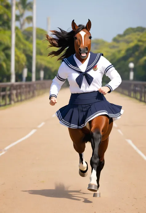 Horse in sailor suit, Running happily