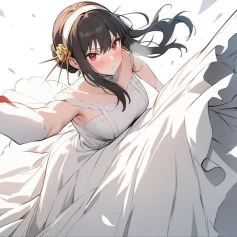 1 girl, yorbriar, yor briar,alone, viewer, pure white background, blush, red eyes, breathing, avatar, half body, comic style colorless, angle, masterpiece, best quality, wedding dress，fighting,stance