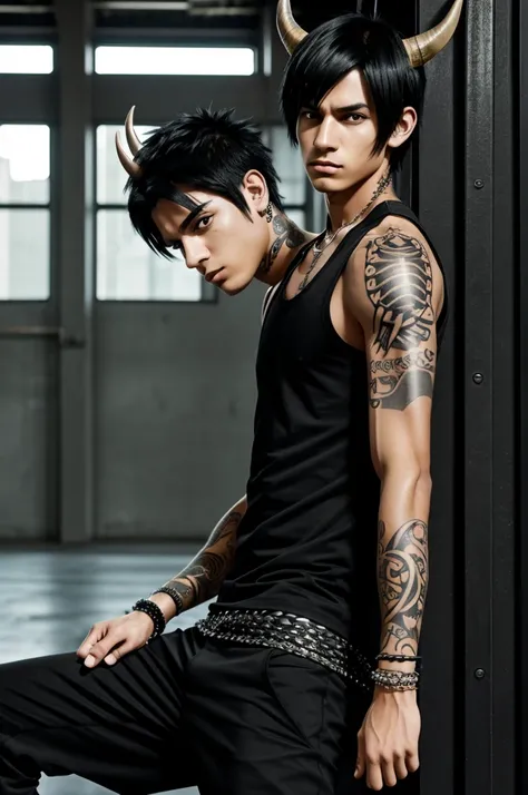 I create a tall anime teenager with black hair in a tank top and black tattoos, black horns, black pants, spiked bracelets and a serious face.