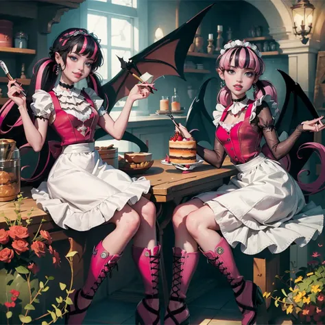 1 girl, a girl with bat wings, holding a pastry brush, succubus, bakery, a cake on focus, cake with strawberrys and red roses, bat choker, necklace, centered, solo, alone, bat jewelry, medieval castle scenery, Pink bat Jewelry, smile, vampire fangs, (looki...