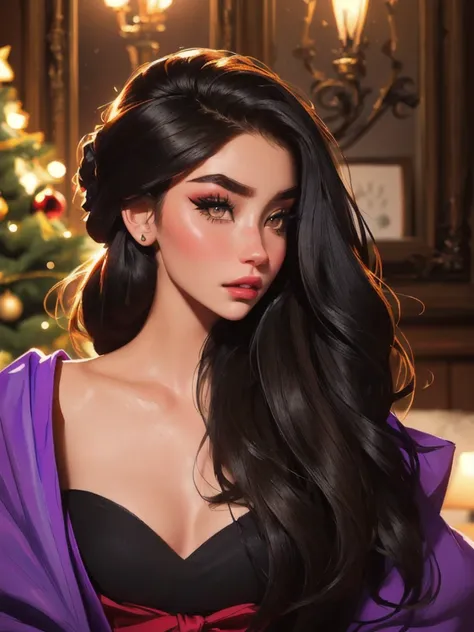 A woman with long black hair and a black top posing for a photo., soft devil queen Madison Beer, Portrait Sophie Mudd, Violet Myers, looks like a Christmas fairy tale, beautiful latin face, Madison Beer, sexy face with full makeup, Instagram Template, dark...