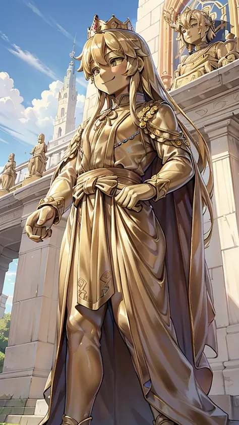 王子的gold statue，prince style，prince costume，宫廷dress，gold statue，男孩的gold statue，带着黄金冠冕的gold statue，脚边停着一只燕子的gold statue，golden boy...