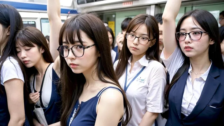 Japan人.Japan.girl.10th Generation.Primary school students.Crowded train.summer.Sweaty.Armpit sweat.Small breasts.Wear glasses.Long Hair.