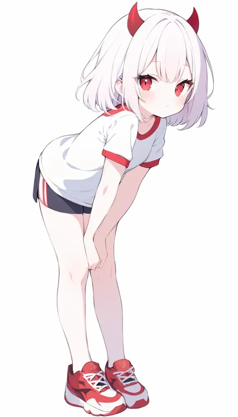 Teenage girl, devil girl, little red horns, white hair, short fluffy hair, big red eyes, pale skin, rosy cheeks, red cheeks, white sports shirt with a red side stripe from left to right. white background, full body