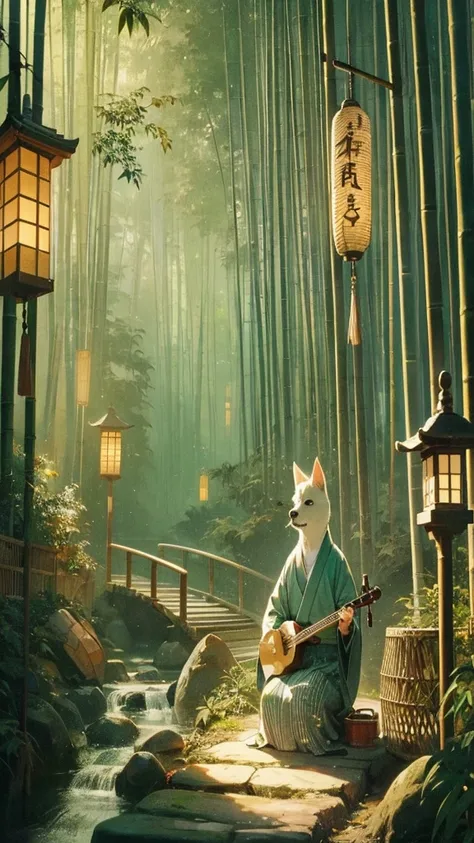 "A serene Japanese lo-fi scene set in a bamboo forest. A dog is sitting on a stone path, playing a shamisen with a calm, content expression. The surrounding bamboo sways gently in the breeze, and soft, dappled sunlight filters through the leaves. In the ba...