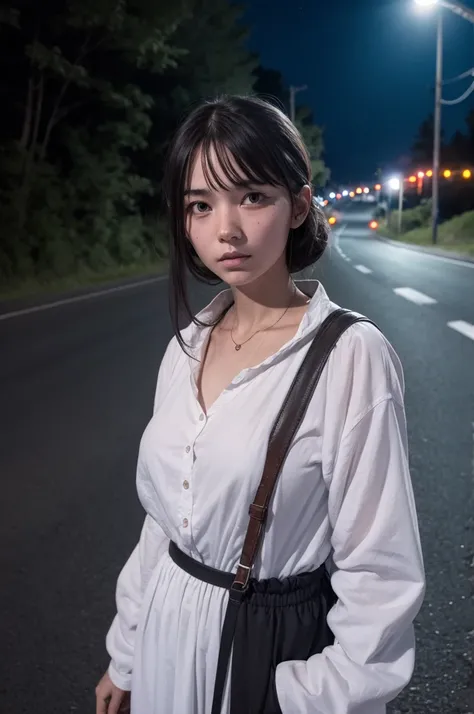 Creepy woman in white hitchhiking on the road at night