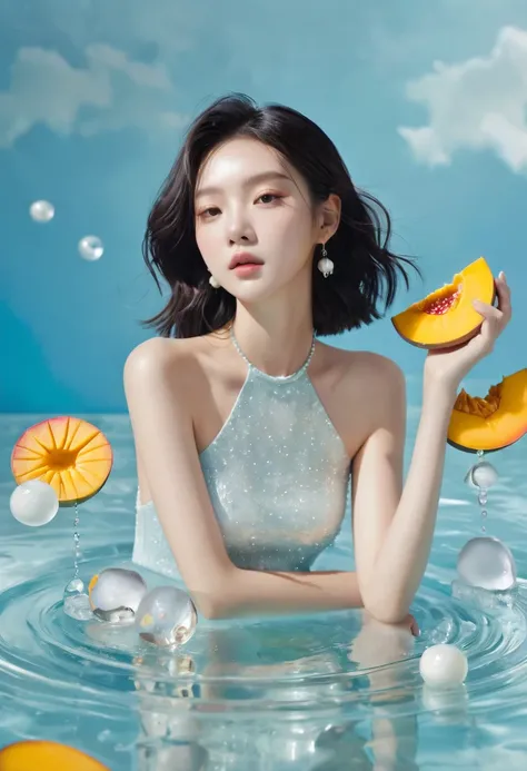 夏日mango少女，Dopamine teenage， Cool summer days，Ice cubes，The watery girl，Delicate skin，Hydration，Shiny，Shiny，dream，Front view，bust，pearl，mango